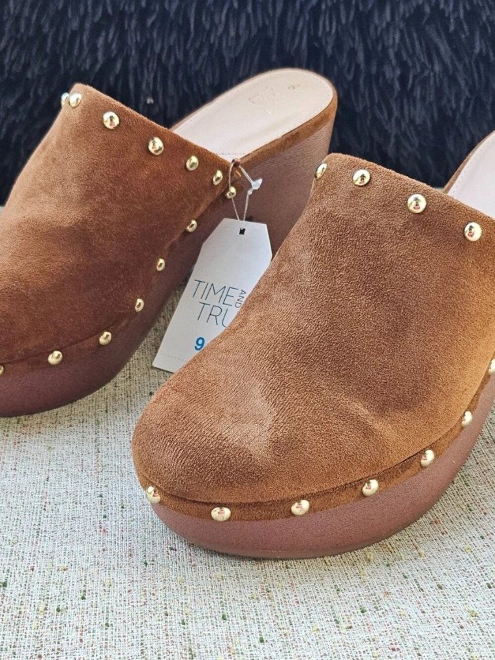 Time and Tru Women Mule Sandal Brown Fabric Suede Upper Silp On Shoes Size